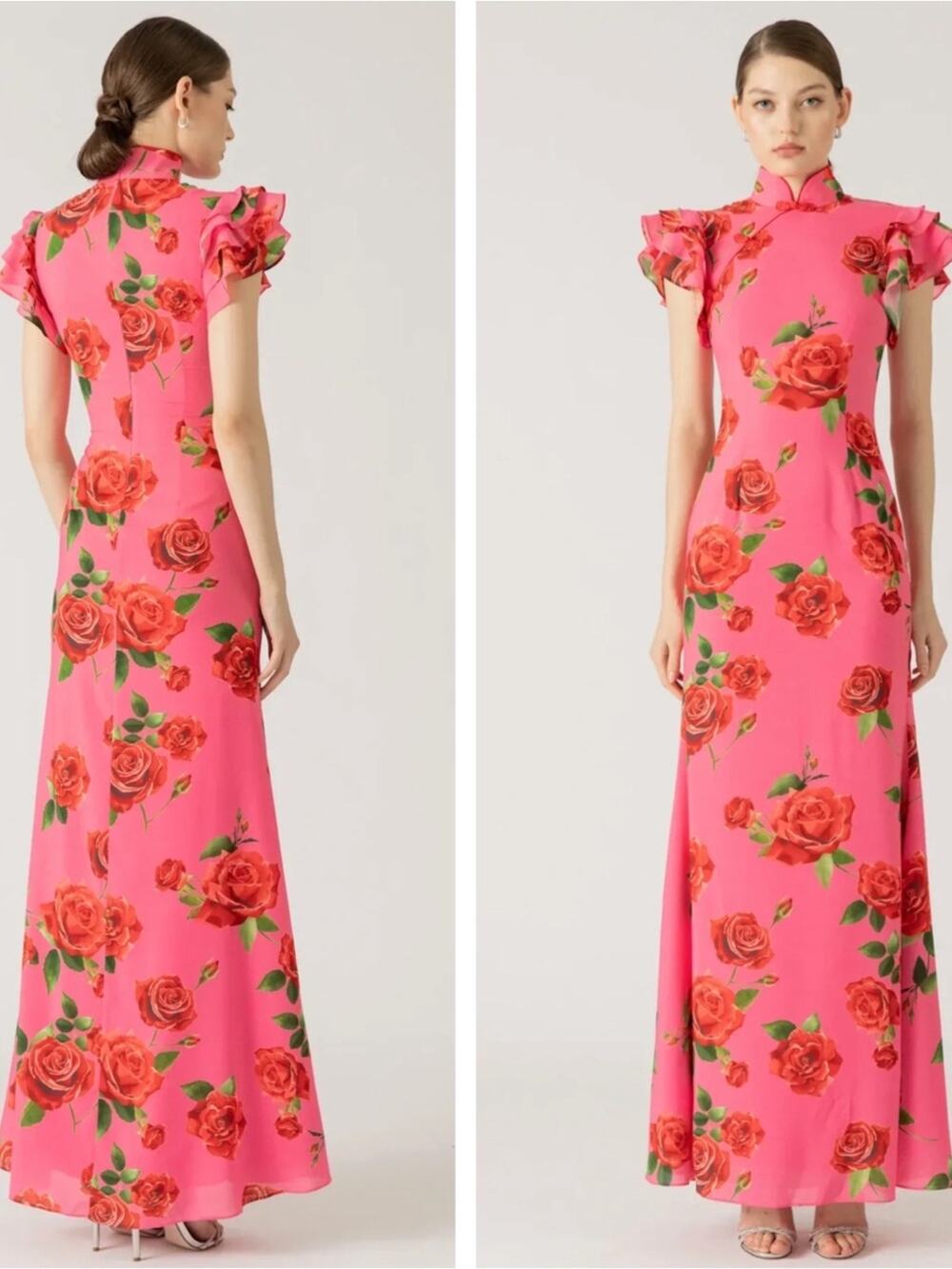 SAU LEE Sylvie Floral Ruffle Sleeve Mandarin Collar Pink Maxi Dress Size 00